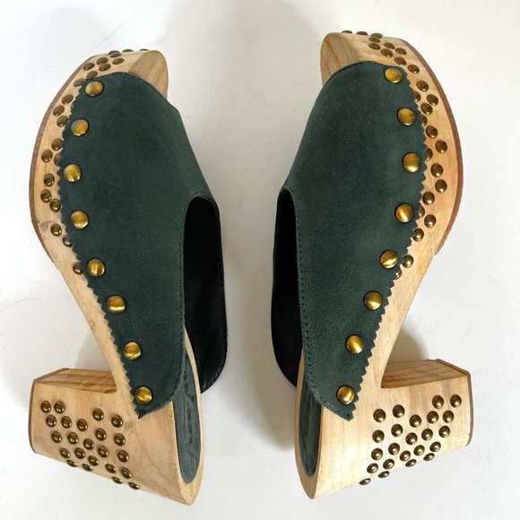 FREE PEOPLE Green Colbie Wooden Clogs 37 Studded Platform Suede - Picture 7 of 11
